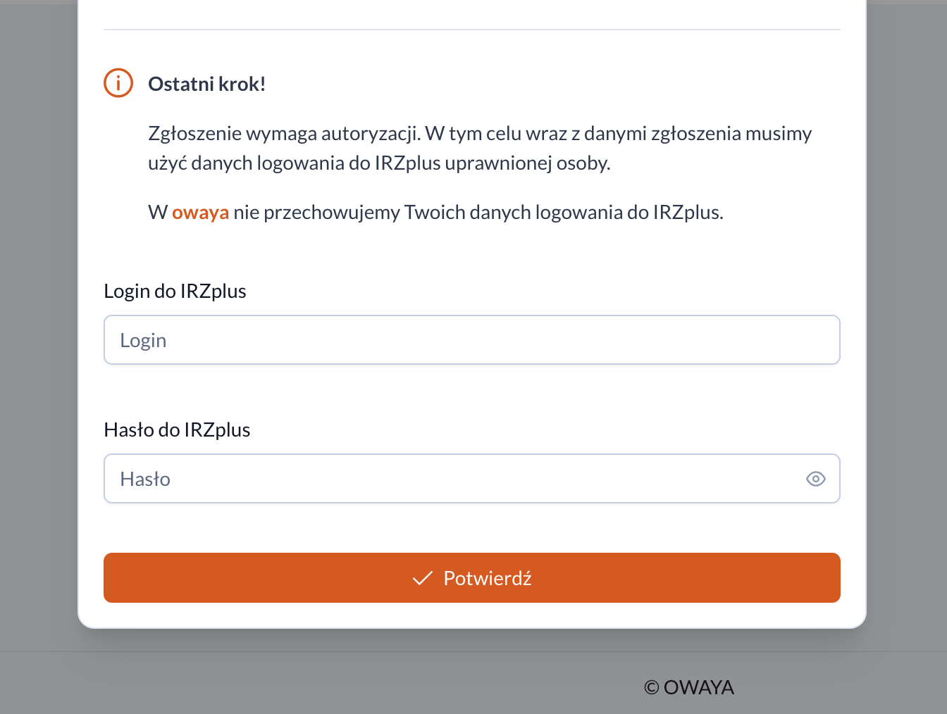 Końcowe potwierdzenie i jednorazowa autoryzacja wysyłki do IRZplus