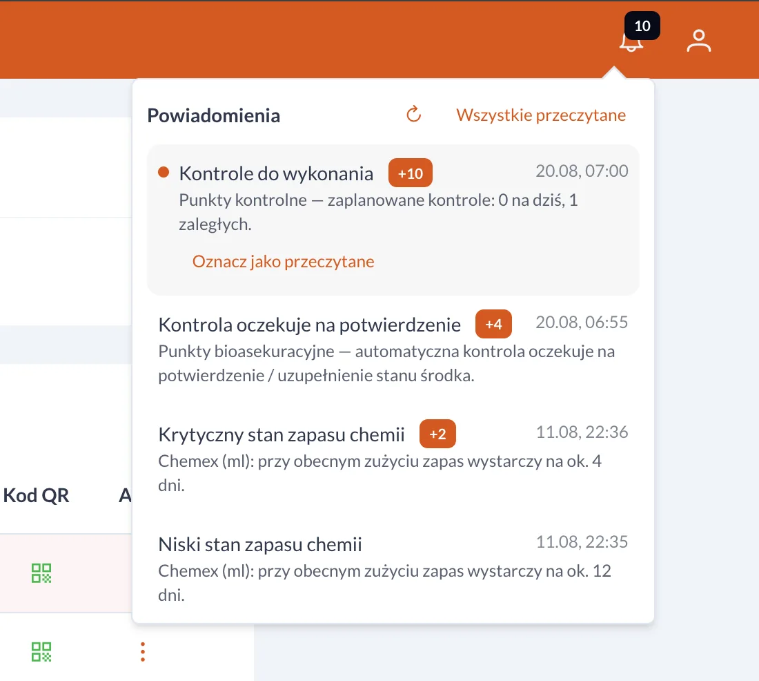 Panel powiadomień o kontrolach i stanie zapasu chemii w owaya